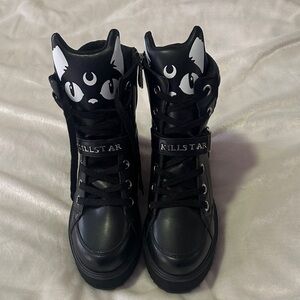 Killstar Black Platform Boots with Cat Design